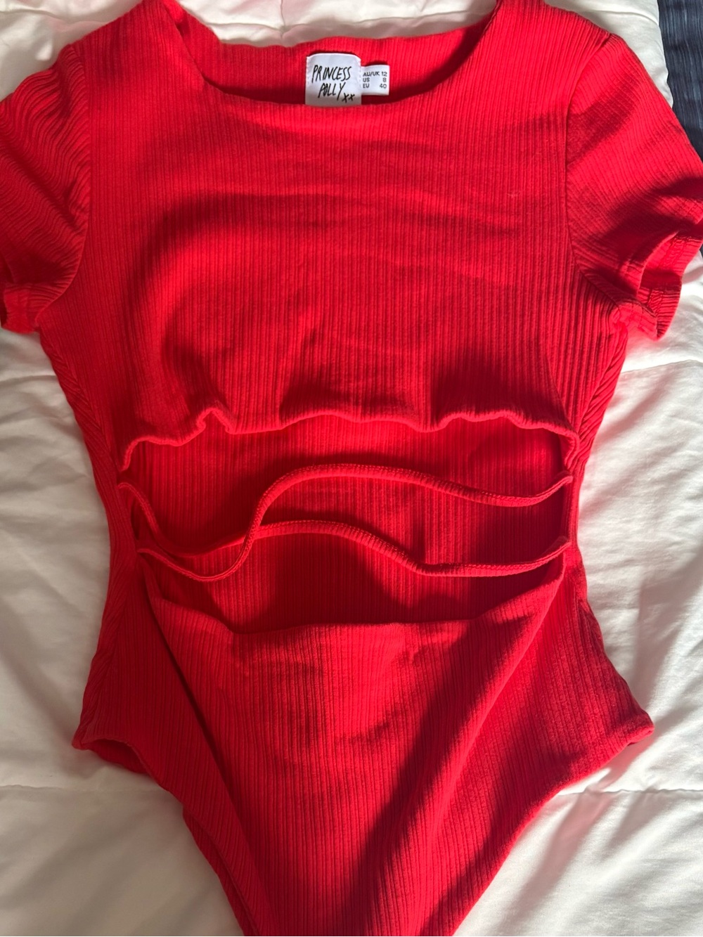 Princess Polly Bright Red Ribbed Cutout Short Sleeve Bodysuit
